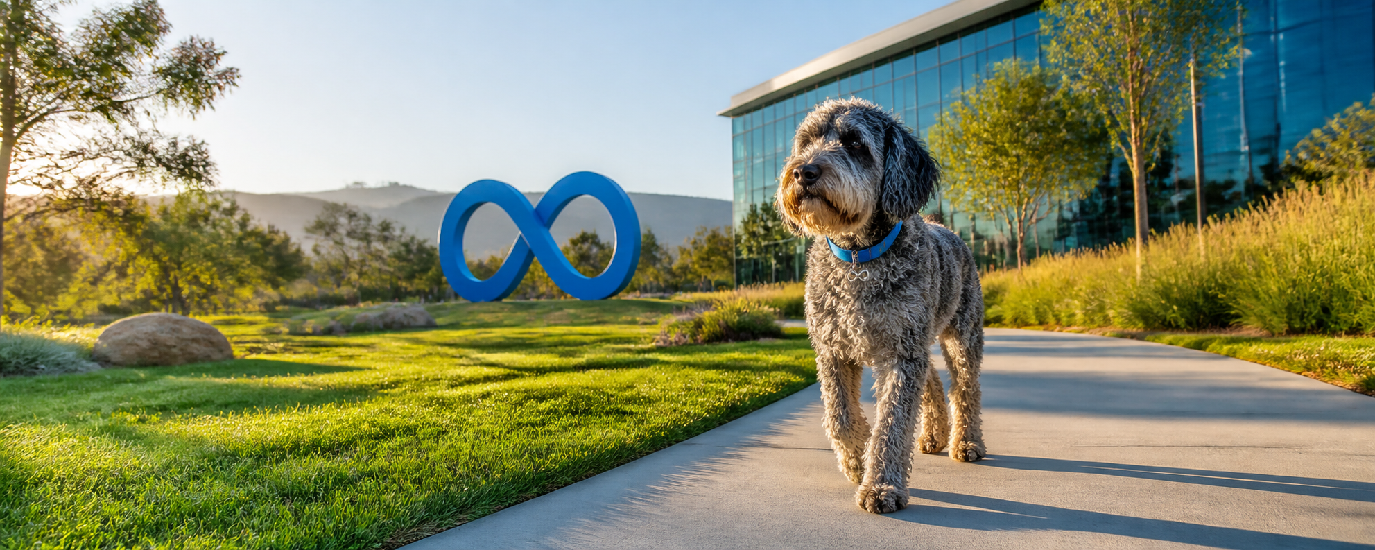 Benny walking on a sunny technology campus